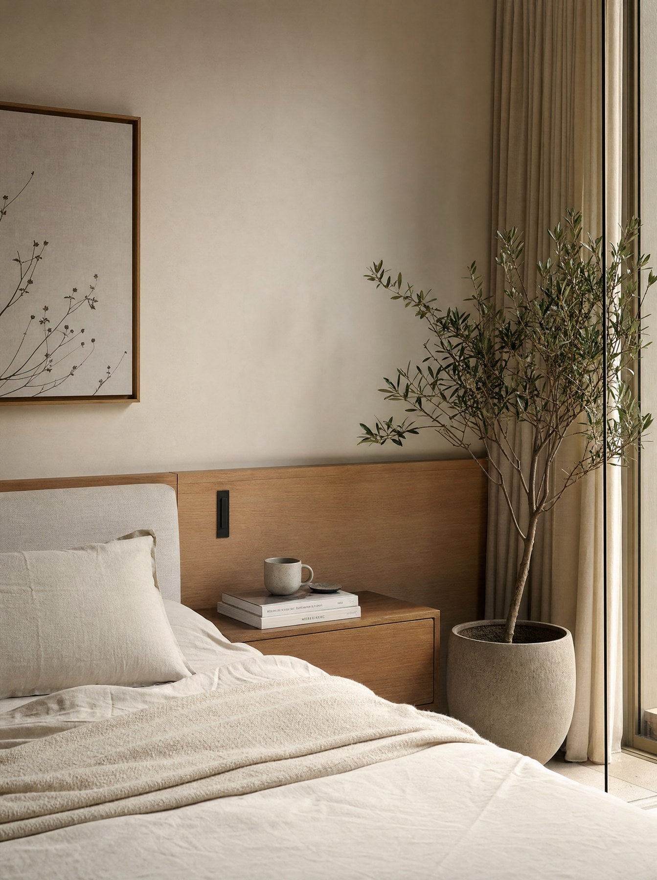 Ruhiges minimalistisches Schlafzimmer mit warmem Holz, Leinenbettwäsche und Pflanzen